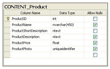 product database table